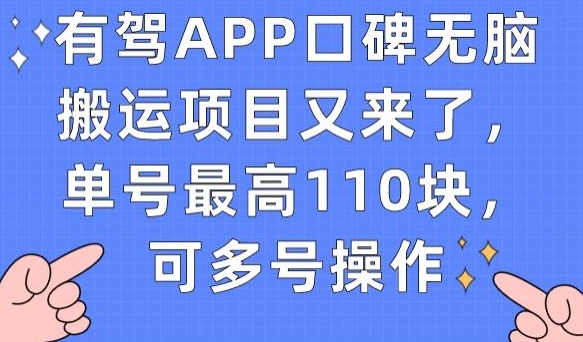 有驾APP口碑无脑搬运项目又来了，单号最高110块，可多号操作-最全项目网