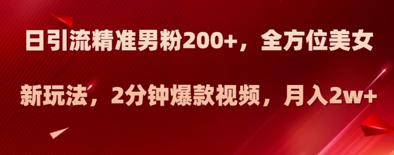 日引流精准男粉200+，全方位美女新玩法，2分钟爆款视频，月入2w+【揭秘】-最全项目网