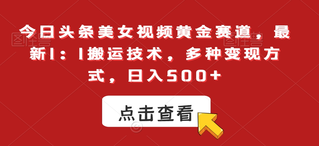 今日头条美女视频黄金赛道，最新1：1搬运技术，多种变现方式，日入500+【揭秘】-最全项目网