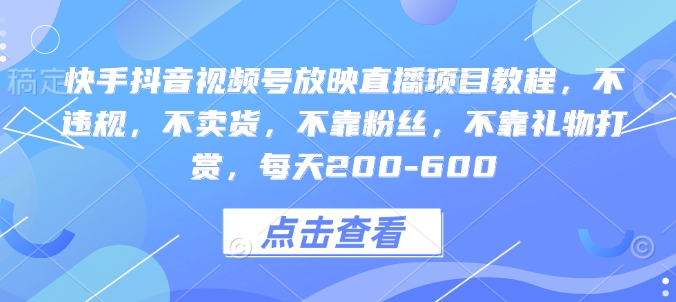 快手抖音视频号放映直播项目教程，不违规，不卖货，不靠粉丝，不靠礼物打赏，每天200-600-最全项目网