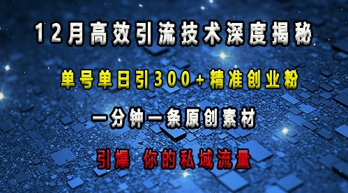 最新高效引流技术深度揭秘 ，单号单日引300+精准创业粉，一分钟一条原创素材，引爆你的私域流量-最全项目网