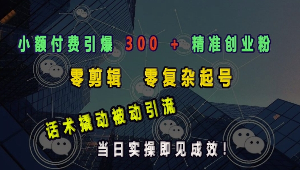 小额付费引爆 300 + 精准创业粉，零剪辑、零复杂起号，话术撬动被动引流，当日实操即见成效-最全项目网