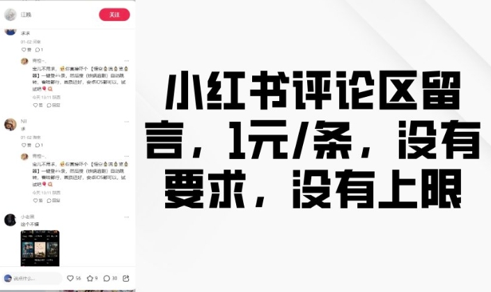 小红书评论区留言，1元条，没有要求，没有上限-最全项目网