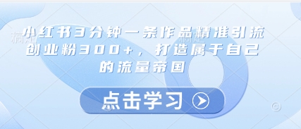 小红书3分钟一条作品精准引流创业粉300+，打造属于自己的流量帝国-最全项目网