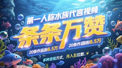 第一人称水族代言视频，条条万赞，20条作品涨粉7.8W，多种变现方式月入五位数-最全项目网