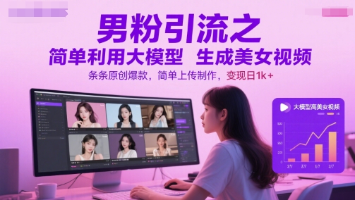 男粉引流之简单利用大模型生成美女视频，条条原创爆款，简单上传制作，变现日1k+-最全项目网