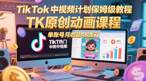TikTok中视频计划保姆级教程，TK原创动画课程，单账号月收益4k美刀-最全项目网