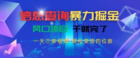 信息查询暴力掘金，一天三条视频，轻松变现四位数，风口项目干就完了【揭秘】-最全项目网