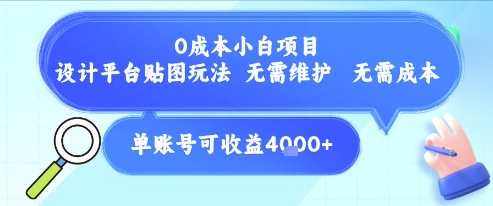 0成本小白项目，设计平台贴图玩法，无需维护，无需成本，单账号单月可产生收益4k+-最全项目网