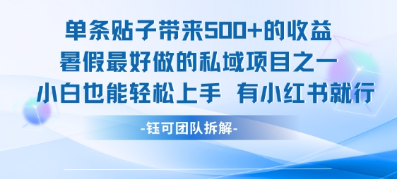 单条贴子带来5张的收益，暑假最好做的私域项目之一，小白也能轻松上手，有小红书就行-最全项目网