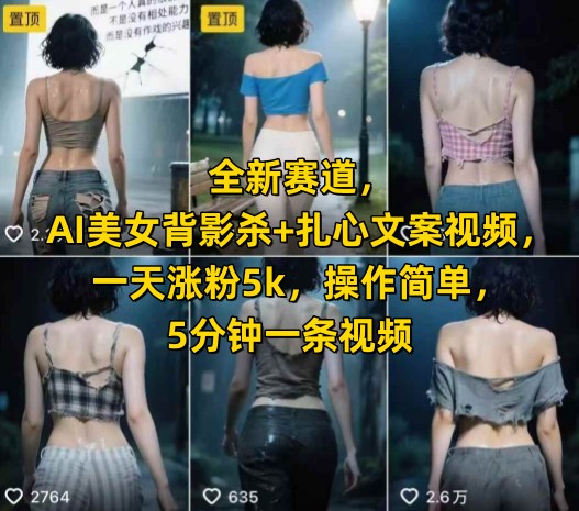 全新赛道，AI美女背影杀+扎心文案视频，一天涨粉5k，操作简单，5分钟一条视频-最全项目网