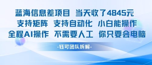 蓝海信息差项目当天收米1k+ 支持矩阵支持自动化小白能操作全程AI操作不需要人工你只要会电脑-最全项目网