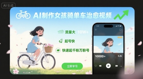 AI制作女孩骑单车治愈视频，流量大，起号快，快速起千粉万粉号-最全项目网