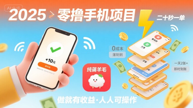 2025年零撸手机项目，二十秒一单，纯薅羊毛 一天2张+做就有【揭秘】-最全项目网