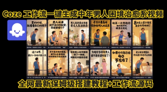 coze工作流一键生成”中年男人困境扎心高涨粉高播放量图文视频”保姆级拆解教程，无需剪辑，无需拍摄写文案-最全项目网
