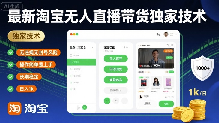 最新淘宝无人直播带货独家技术，无违规无封号风险，操作简单易上手，长期稳定日入1k【揭秘】-最全项目网