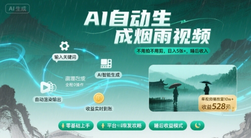 不用拍不用剪！AI自动生成烟雨视频，日入5张+，睡后收入-最全项目网