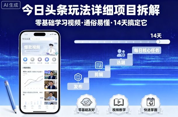 今日头条玩法详细项目拆解，零基础学习视频 通俗易懂 14天搞定它-最全项目网