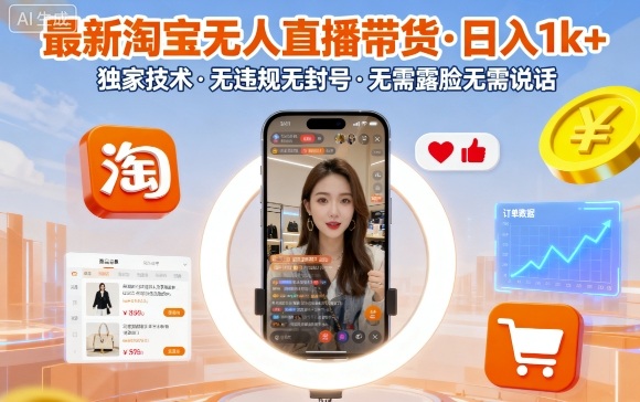最新淘宝无人直播带货，日入1k+，独家技术，无违规无封号，无需露脸无需说话【揭秘】-最全项目网