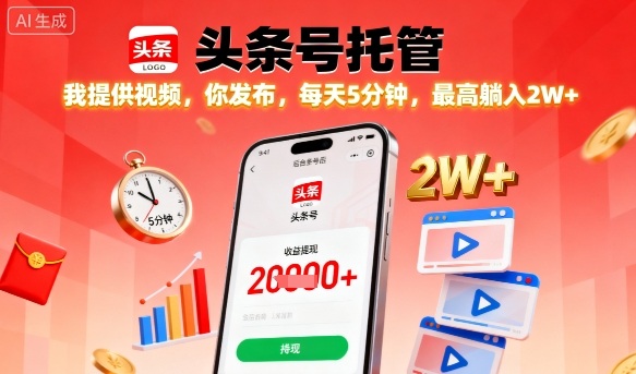 【头条号托管】我提供视频，你发布，每天5分钟，最高躺入2W+【揭秘】-最全项目网