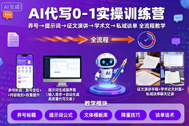 AI代写0-1实操训练营，从养号、提示词、征文演讲、学术文，到私域谈单的全流程教学-最全项目网