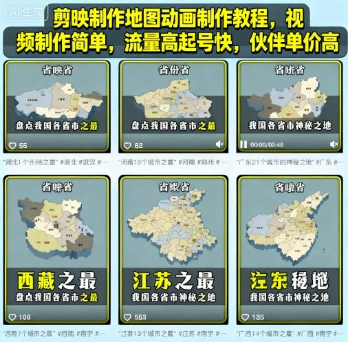 剪映制作地图动画制作教程，视频制作简单，流量高起号快，伙伴单价高-最全项目网