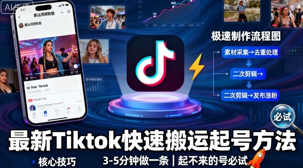 最新Tiktok快速搬运快速起号方法，3-5分钟做一条，起不来的号可以试试-最全项目网