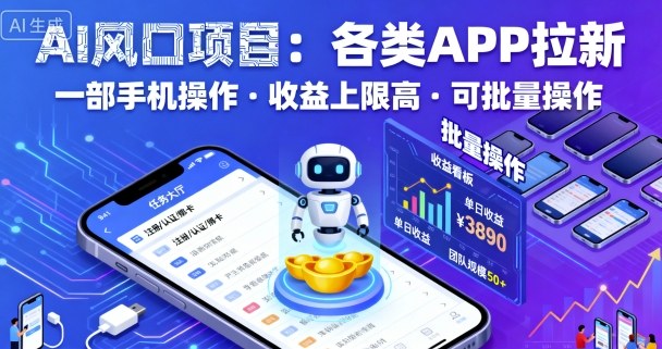 AI风口项目，各类APP拉新，一部手机就可以操作，收益上限高，可批量操作-最全项目网