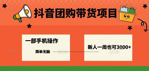 抖音团购带货项目，一部手机简单操作，一周3k+-最全项目网