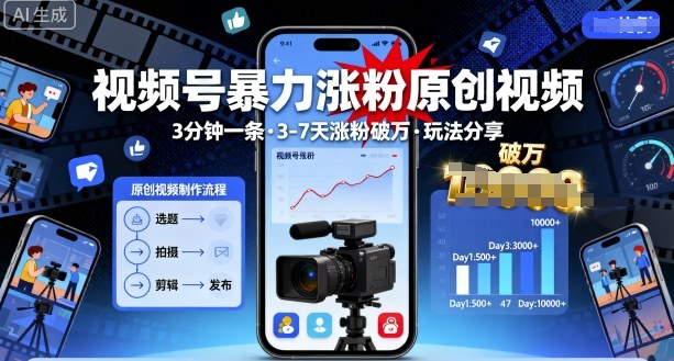 视频号暴力涨粉原创视频，3分钟一条原创视频，3-7天涨粉破万，玩法分享给你-最全项目网