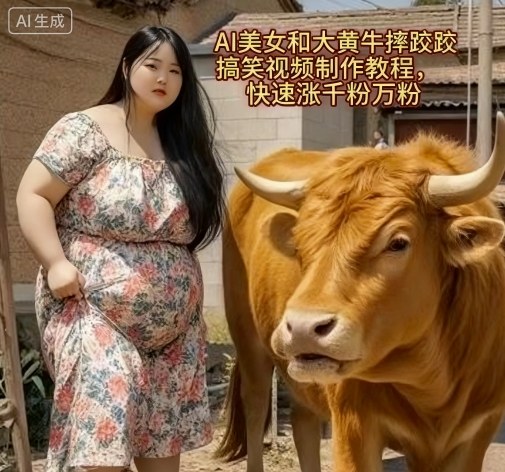 AI美女和大黄牛摔跤搞笑荒诞视频制作教程，快速涨千粉万粉-最全项目网