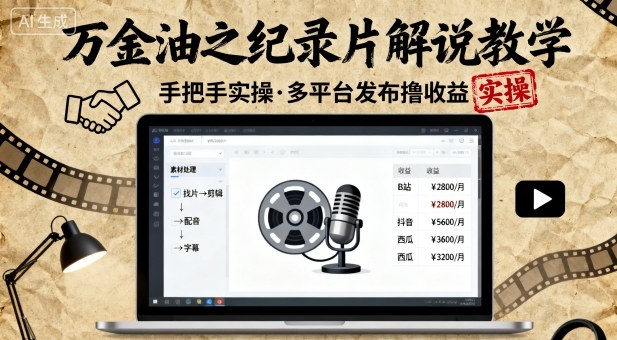 万金油之纪录片解说教学，手把手教你，完全实操，多平台发布撸收益-最全项目网