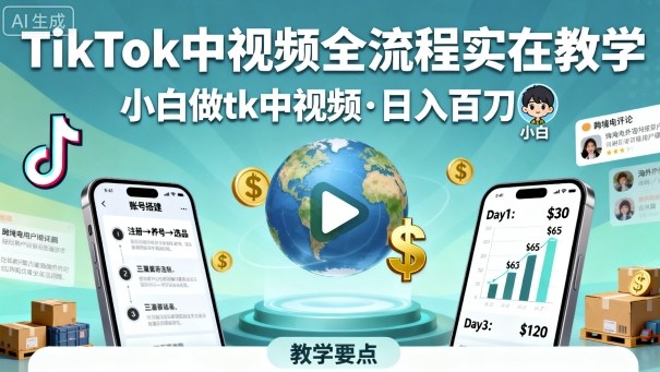 TikTok中视频全流程实操教学，小白做tk中视频，日入百刀-最全项目网