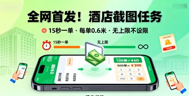 全网首发！酒店截图任务，15秒一单，每单0.6米，任务无上限不设限，矩阵操作单日3张到手【揭秘】-最全项目网