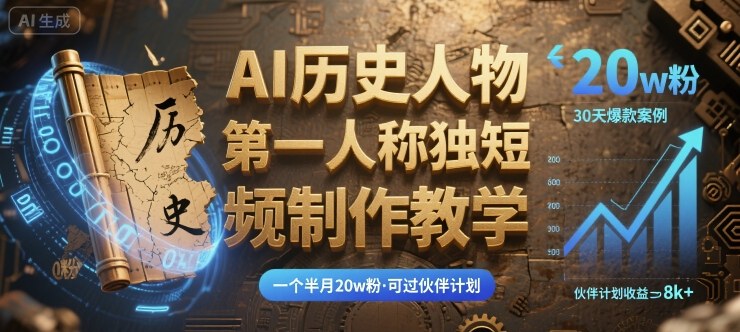 最新AI历史人物第一人称独白短视频制作教学，一个半月20w粉，可过伙伴计划-最全项目网