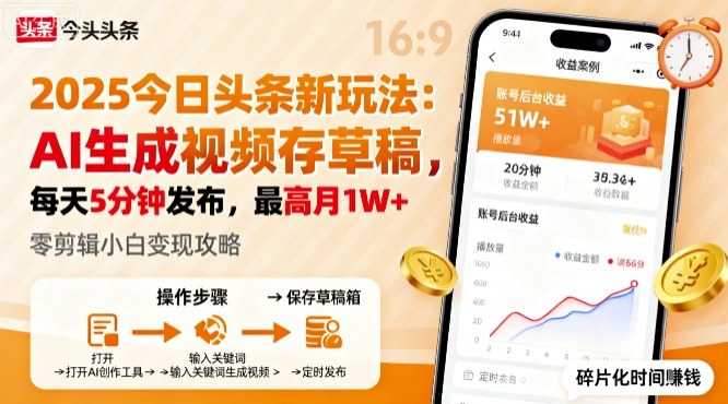 2025年今日头条躺賺新玩法，AI生成视频存草稿，每天5分钟发布，最高月1W+【揭秘】-最全项目网