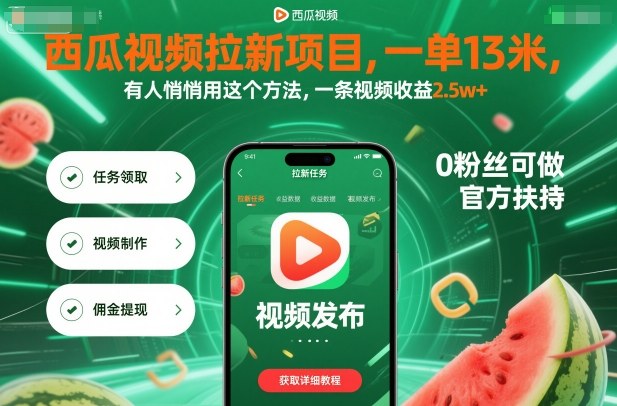 西瓜视频拉新项目，一单13米，有人悄悄用这个方法，一条视频收益2.5w+（附详细教程）-最全项目网