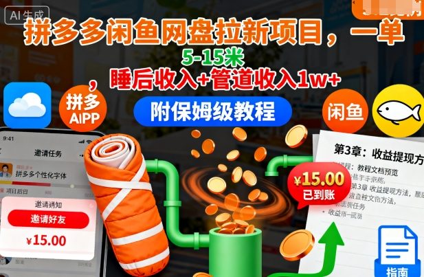 拼多多闲鱼网盘拉新项目，一单5-15米，睡后收入+管道收入1w+（附保姆级教程）-最全项目网