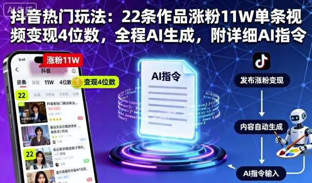 抖音热门玩法：22条作品涨粉11W单条视频变现4位数，全程AI生成，附详细AI指令-最全项目网