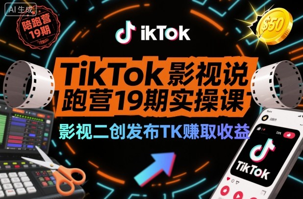 TikTok影视解说陪跑营19期实操课，影视二创发布TK賺取收益，万播收益50美金-最全项目网