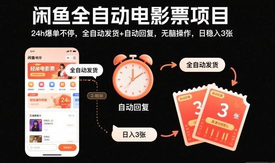 闲鱼全自动电影票项目，24h爆单不停，全自动发货+自动回复，无脑操作，日稳入3张【揭秘】-最全项目网