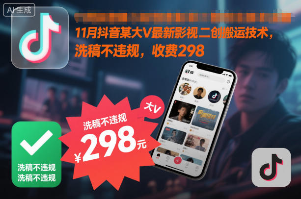 11月抖音某大V最新影视二创搬运技术，洗稿不违规，收费298-最全项目网
