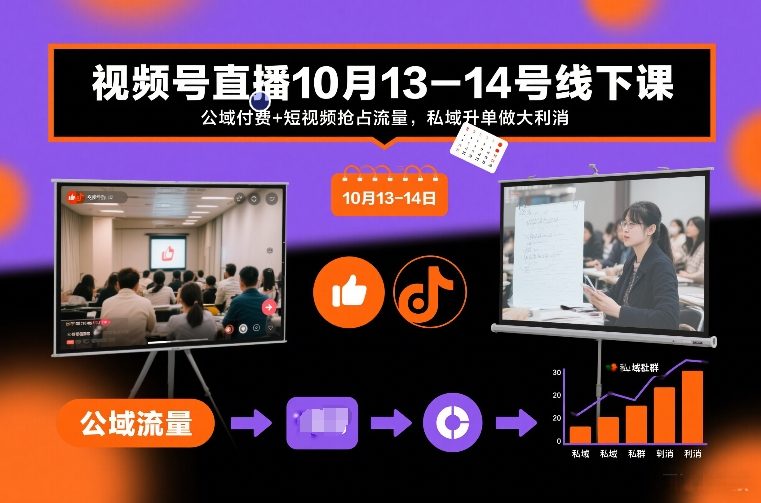视频号直播10月13-14号线下课，公域付费+短视频抢占流量，私域升单做大利消-最全项目网