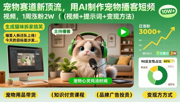 宠物赛道新顶流，用AI制作宠物播客短视频，1周涨粉2W（视频+提示词+变现方法）-最全项目网