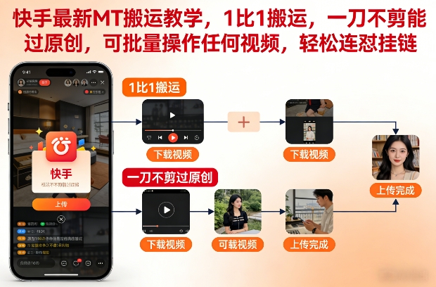 快手最新MT搬运教学，1比1搬运，一刀不剪能过原创，可批量操作任何视频，轻松连怼挂链-最全项目网