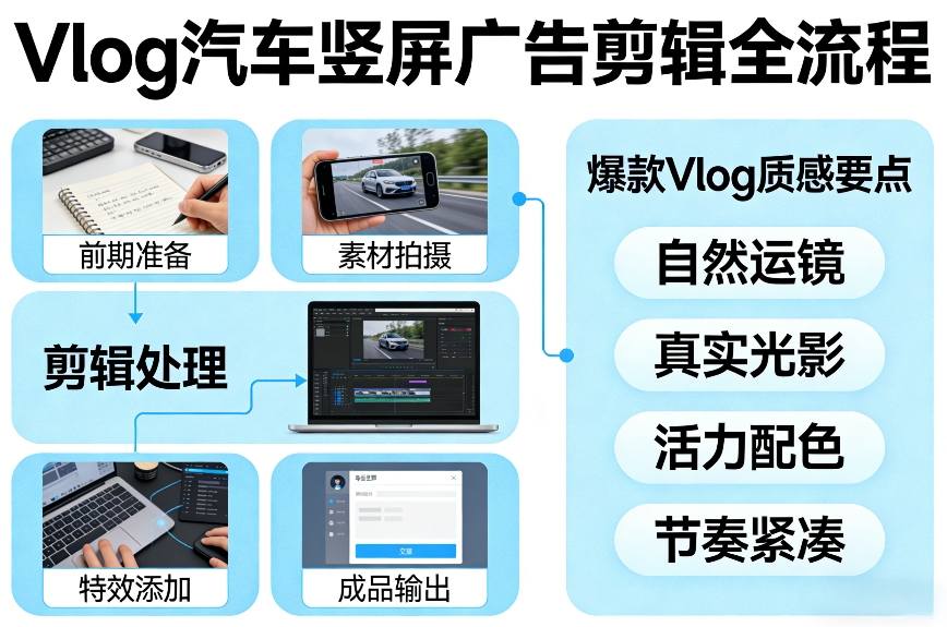 Vlog感觉汽车竖屏广告剪辑脚本全流程，拿捏爆款Vlog质感-最全项目网