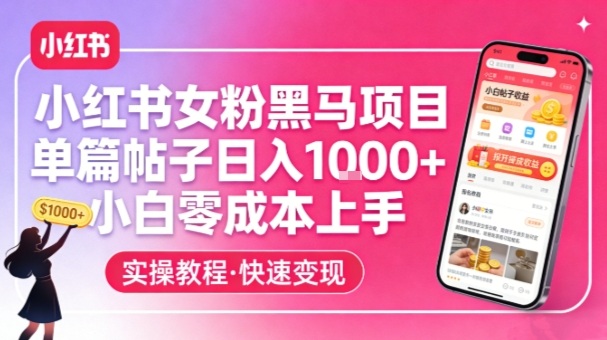 小红书女粉黑马项目，单篇帖子日入1k+，小白零成本上手-最全项目网