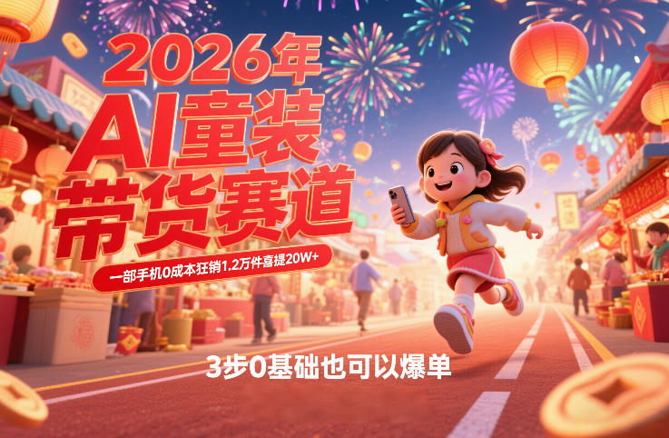 AI童装新春带货赛道，一部手机0成本狂销1.2万件喜提20W+，3步0基础也可以爆单-最全项目网
