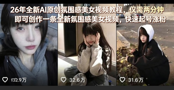 26年全新AI原创氛围感美女视频教程，仅需两分钟即可创作一条全新氛围感美女视频，快速起号涨粉-最全项目网