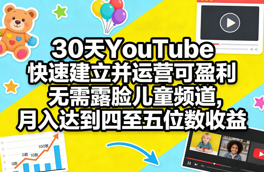 30天YouTube快速建立并运营可盈利无需露脸儿童频道，月入达到四至五位数收益-最全项目网